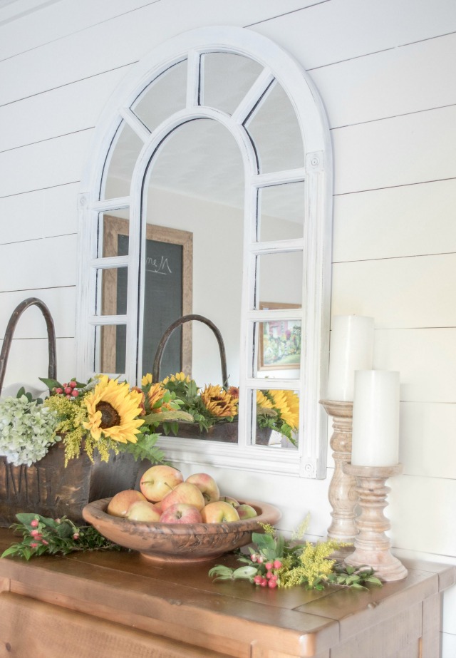 Love this arched mirror over a gorgeous fall buffet kellyelko.com