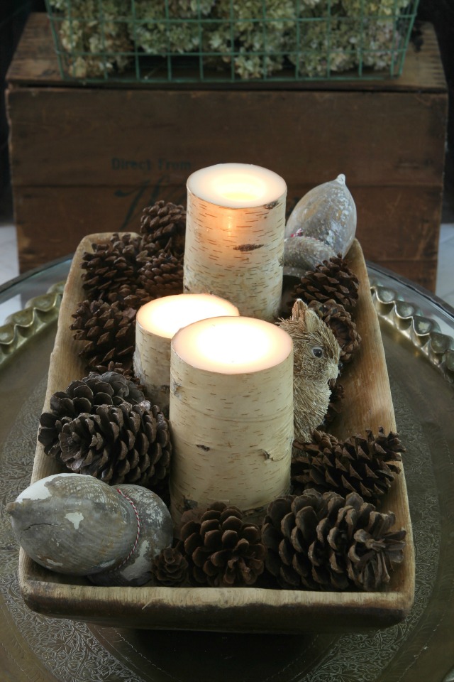 Fall dough bowl pine cone and candle centerpiece kellyelko.com