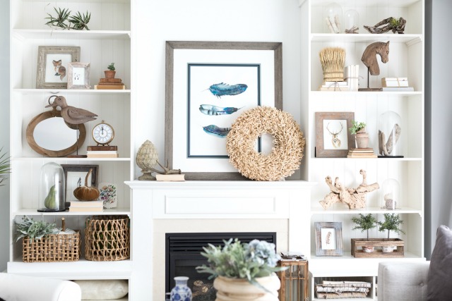 Love this fall family room mantel and shelves kellyelko.com