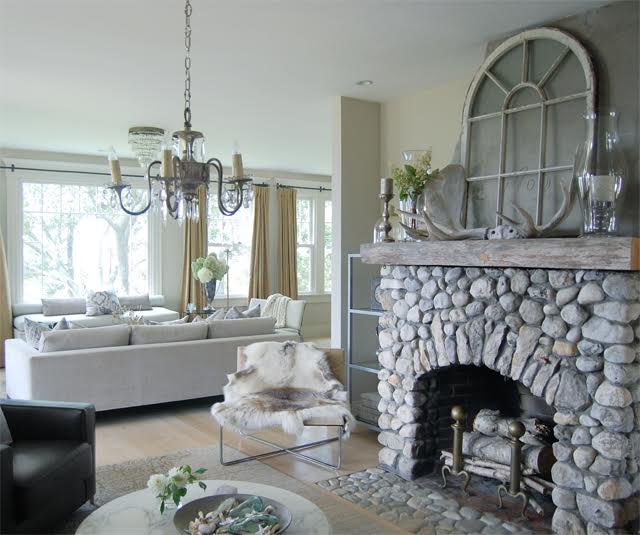 Rustic stone fireplace and mantel kellyelko.com