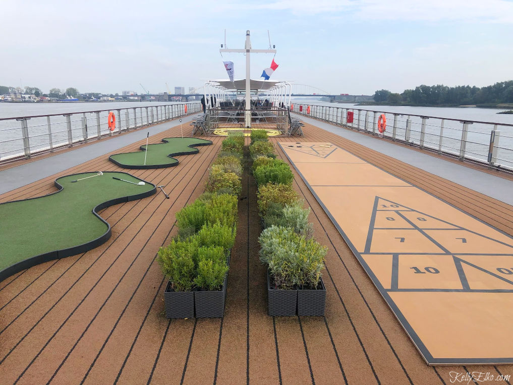 Love the top deck of this Viking River ship with herb garden, walking track and golf kellyelko.com #vikingrivercruise #vikingcruise #viking #rivercruise #rhineriver #travel #travelblogger 